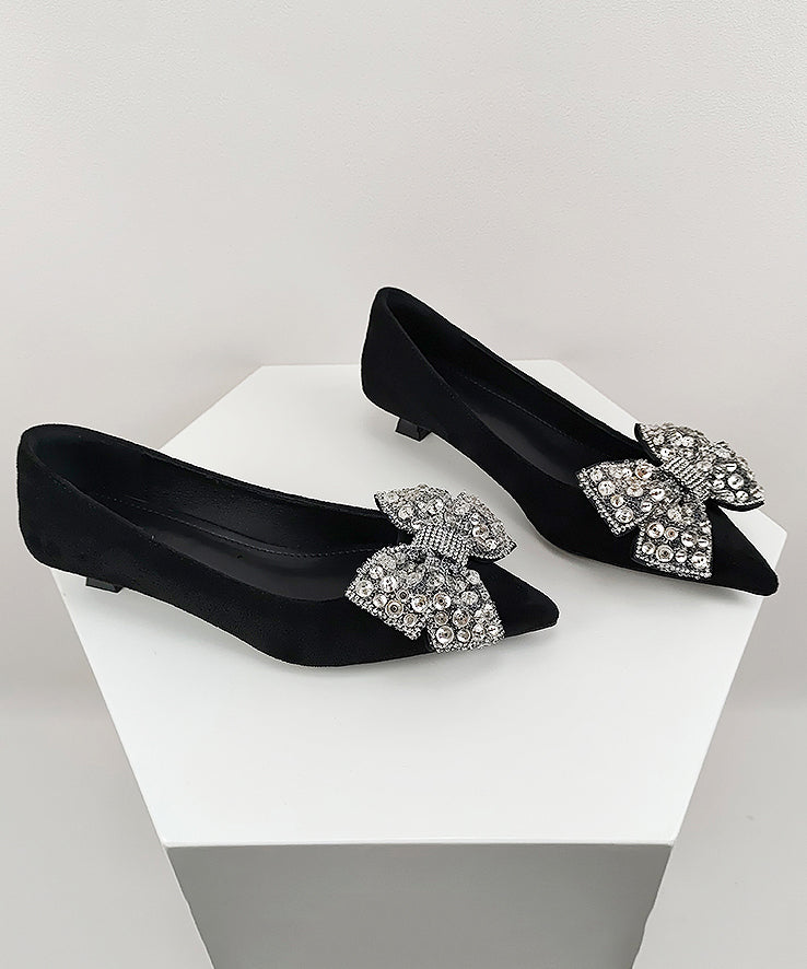 Stylish Black Suede Splicing Zircon Bow Kitten Shoes