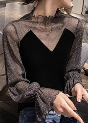 Stylish Black Tulle Patchwork Silk Velour Blouses Flare Sleeve