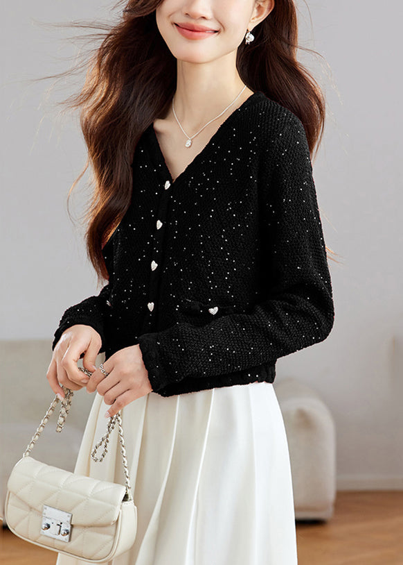 Stylish Black V Neck Button Sequins Wool Knit Cardigans Fall