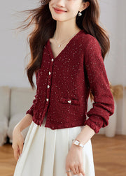 Stylish Black V Neck Button Sequins Wool Knit Cardigans Fall