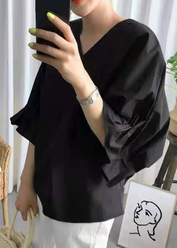 Stylish Black V Neck Cotton Shirt Lantern Sleeve