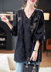 Stylish Black V Neck Embroidered Plus Size Cotton Top Fall