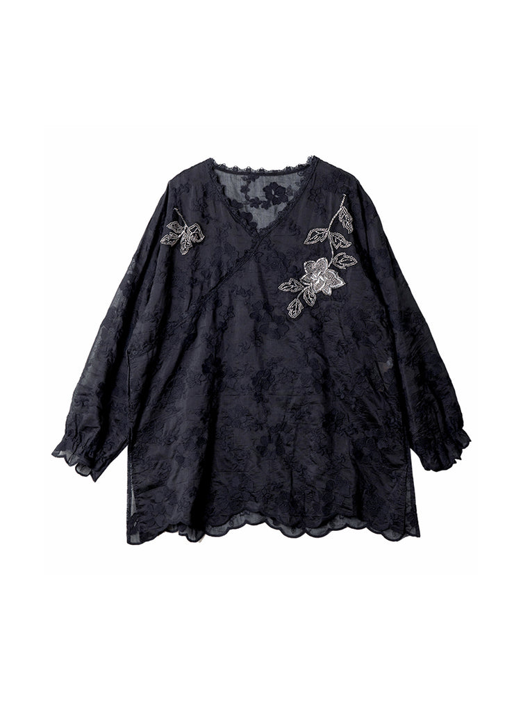 Stylish Black V Neck Embroidered Plus Size Cotton Top Fall