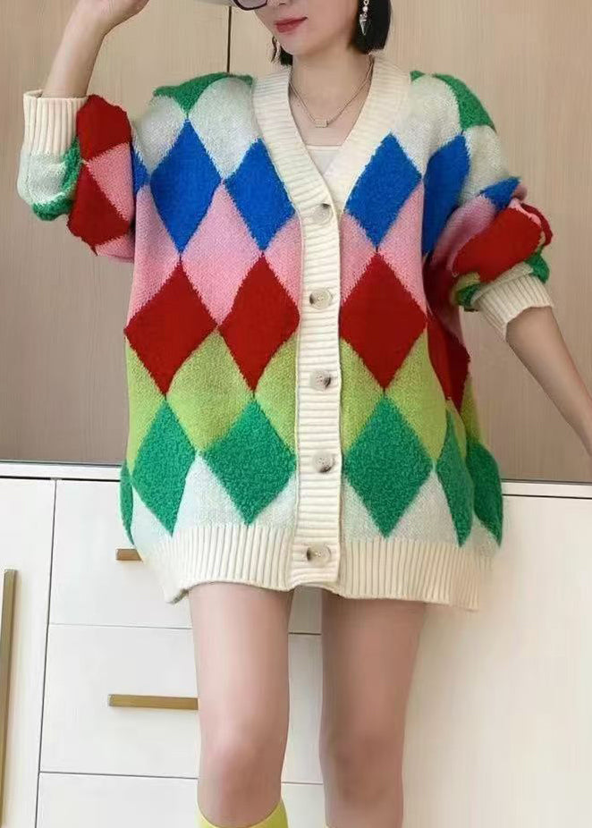 Stylish Black V Neck Geometric Patchwork Knit Cardigan Spring