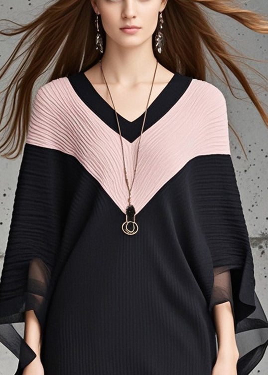 Stylish Black V Neck Patchwork Sweater Dress Cloak Sleeves