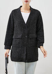 Stylish Black V Neck Pockets Woolen Jackets Fall