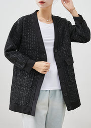 Stylish Black V Neck Pockets Woolen Jackets Fall