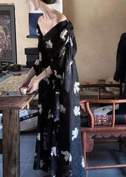 Stylish Black V Neck Print Chiffon Long Dress Half Sleeve