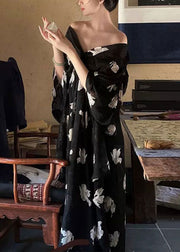 Stylish Black V Neck Print Chiffon Long Dress Half Sleeve