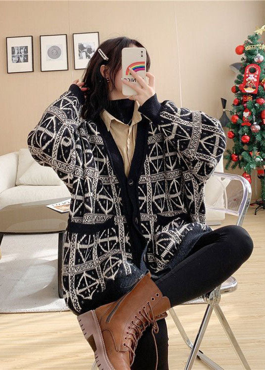 Stylish Black V Neck Print Cozy Knit Loose Cardigan Winter