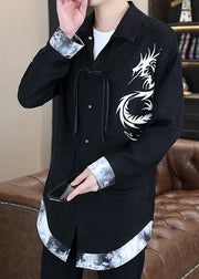 Stylish Black V Neck Print Patchwork Men UPF 50+ Coat Long Sleeve