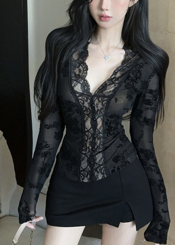 Stylish Black V Neck Sheer Lace Tops Spring