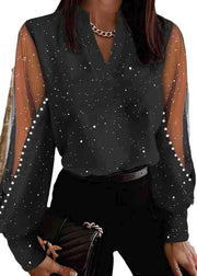 Stylish Black V Neck Tulle Patchwork Blouses Spring