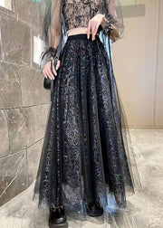 Stylish Black Wrinkle Patchwork Print Tulle Skirts Spring