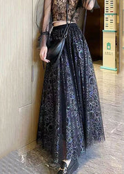 Stylish Black Wrinkle Patchwork Print Tulle Skirts Spring