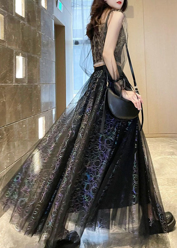 Stylish Black Wrinkle Patchwork Print Tulle Skirts Spring