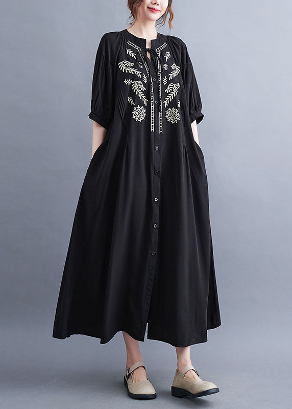 Stylish Black Wrinkled Embroidered Button Shirt Dresses Short Sleeve