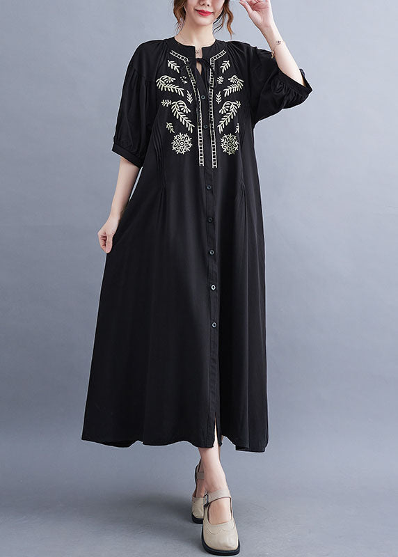 Stylish Black Wrinkled Embroidered Button Shirt Dresses Short Sleeve