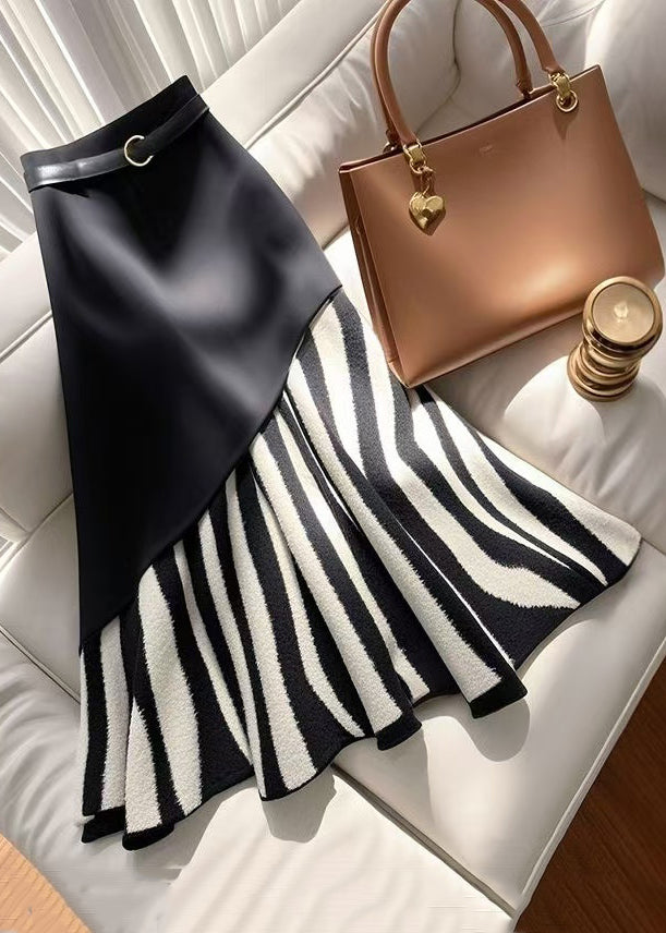 Stylish Black Zebra Pattern High Waist Patchwork Skirt Spring