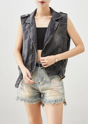 Stylish Black Zip Up Denim Ripped Vest Top Fall