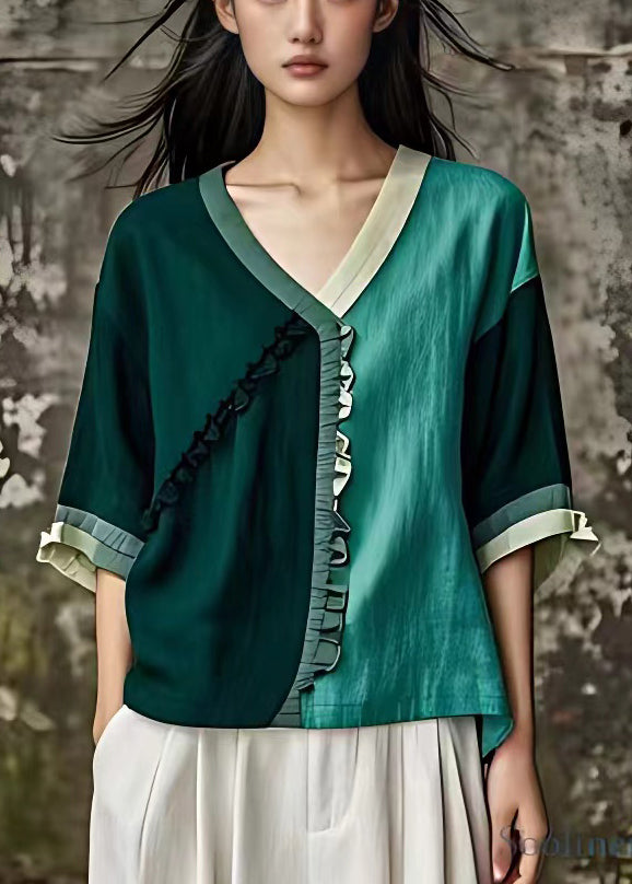 Stylish Blackish Green Patchwork Cotton T Shirt Half Sleeve