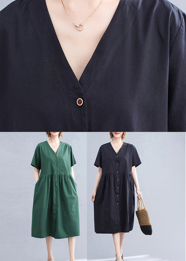 Stylish Blackish Green V Neck Button Pockets Cotton Long Dress Short Sleeve