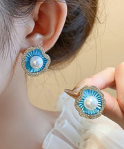 Stylish Blue Alloy Zircon Shell Stud Earrings