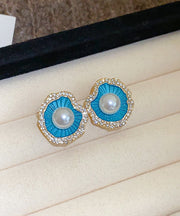 Stylish Blue Alloy Zircon Shell Stud Earrings