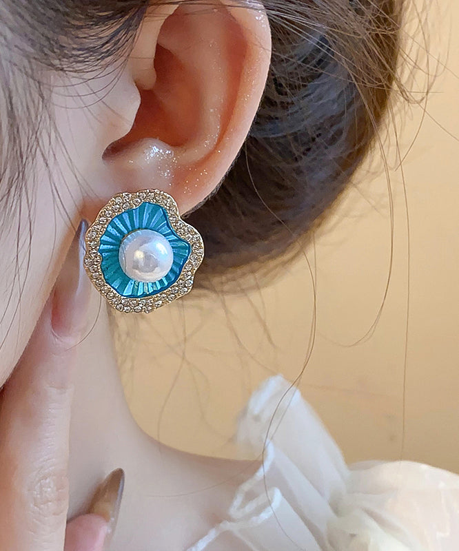 Stylish Blue Alloy Zircon Shell Stud Earrings