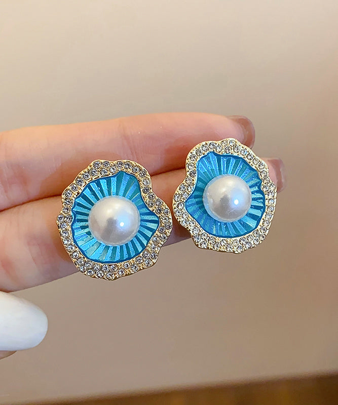 Stylish Blue Alloy Zircon Shell Stud Earrings