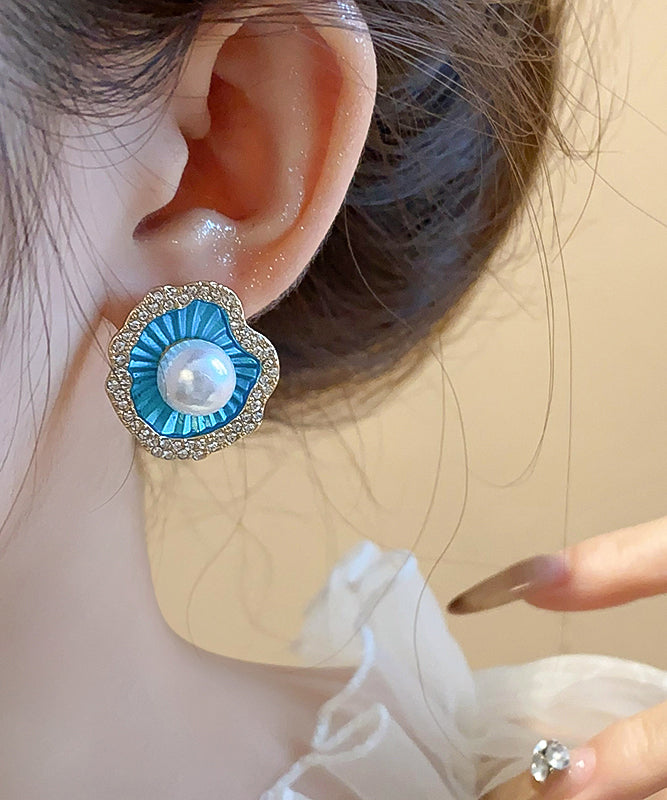 Stylish Blue Alloy Zircon Shell Stud Earrings