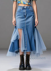 Stylish Blue Asymmetrical Patchwork Tulle Denim Ripped Skirts Fall