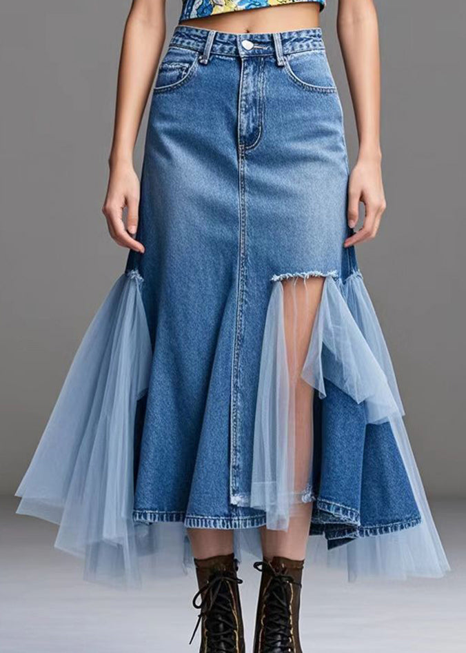 Stylish Blue Asymmetrical Patchwork Tulle Denim Ripped Skirts Fall