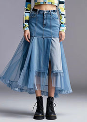 Stylish Blue Asymmetrical Patchwork Tulle Denim Skirt Spring