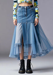 Stylish Blue Asymmetrical Patchwork Tulle Denim Skirt Spring