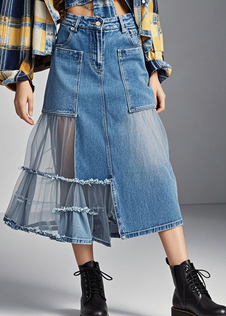 Stylish Blue Asymmetrical Tulle Patchwork Pockets Denim Skirts Spring