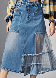 Stylish Blue Asymmetrical Tulle Patchwork Pockets Denim Skirts Spring