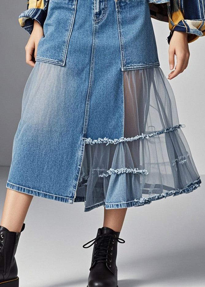 Stylish Blue Asymmetrical Tulle Patchwork Pockets Denim Skirts Spring