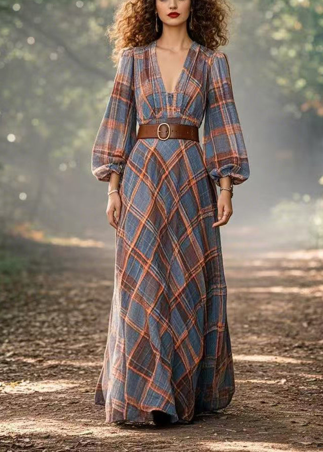 Stylish Blue Cinched Plaid Cotton Long Dress Spring