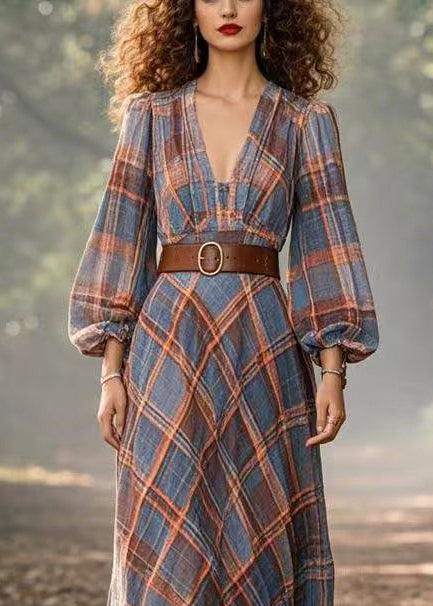 Stylish Blue Cinched Plaid Cotton Long Dress Spring