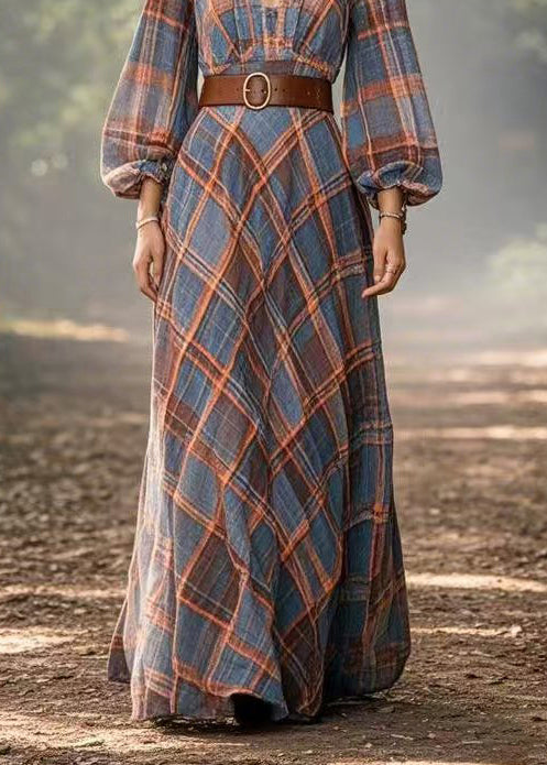 Stylish Blue Cinched Plaid Cotton Long Dress Spring