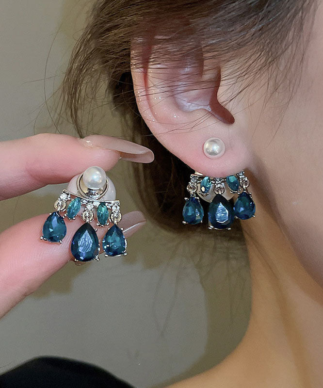 Stylish Blue Copper Zircon Pearl Tassel Drop Earrings