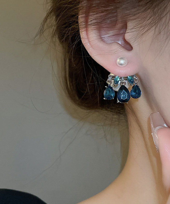 Stylish Blue Copper Zircon Pearl Tassel Drop Earrings