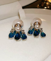 Stylish Blue Copper Zircon Pearl Tassel Drop Earrings