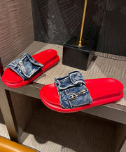 Stylish Blue Denim Platform Slide Sandals Peep Toe