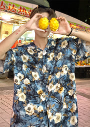 Stylish Blue Dotted Daisy Print Men Hawaiian Shirts Summer