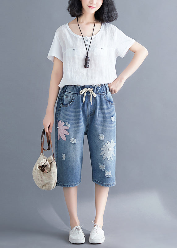 Stylish Blue Embroidered Denim Ripped Jeans Summer