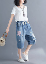 Stylish Blue Embroideried Denim Ripped Jeans Summer