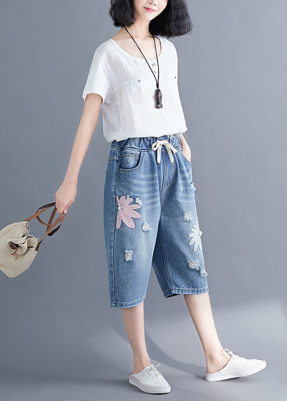 Stylish Blue Embroidered Denim Ripped Jeans Summer