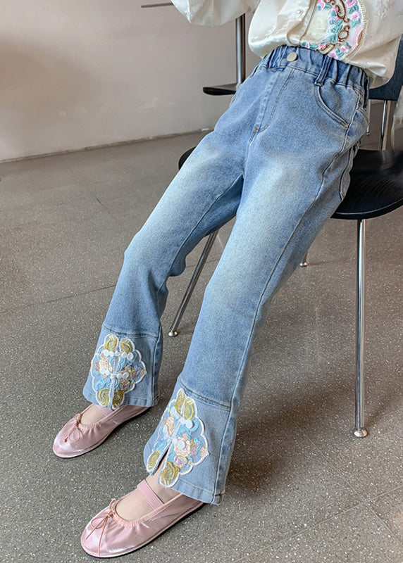 Stylish Blue Embroideried Patchwork Pockets Girls Denim Pants